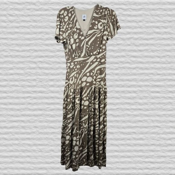 CAbi 6147 Swoon Dress Midi Tiered Swing Work Leisure Taupe Flutter Sleeve Cutout - Picture 6 of 11